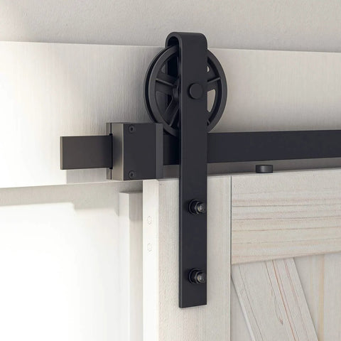 Close-up of Beefy 8 Foot Sliding Barn Door Hardware Kit Black Track System Ultra Quiet Smooth Sliding Easy Install