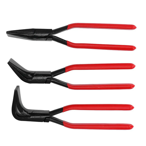 Three Piece Metal Bending Pliers Set With Straight 45 Degree And 90 Degree Jaws For Precision Sheet Metal Bends In Tight Spaces