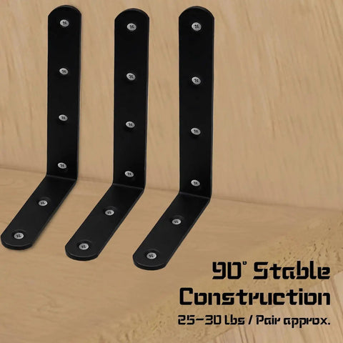 Beefy Heavy Duty Stainless Steel L Brackets For Shelves Set Of 4, black finish L shaped corner braces, shown on wooden surface.