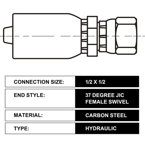 Diagram of rugged 1/2 inch hydraulic hose fittings swivel JIC 37 degree female end for single wire hose crimp, material details included