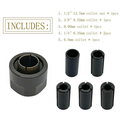 Collet Nut Cone Set For Router, Heavy Duty Half Inch Nut With Mixed Collets 6.0mm, 6.35mm One Quarter Inch, 8.0mm, 9.52mm, Six Pack.
