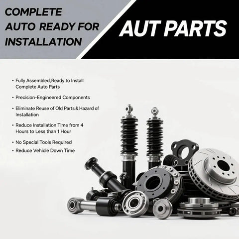 Complete auto parts set with shock absorbers, brake discs, and components ready for installation.