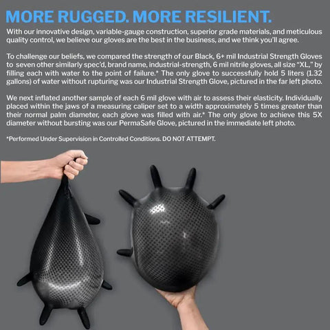 Testing elasticity of heavy-duty nitrile disposable gloves 6 mil latex-free raised texture box 100 using inflated glove balloon.