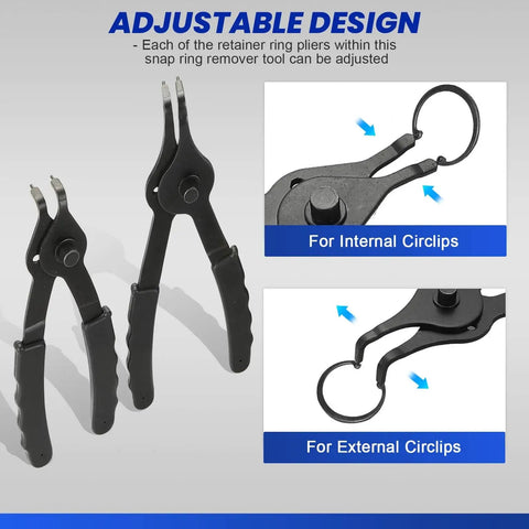 11 Piece Snap Ring Pliers Set With Straight And Bent Retaining Ring Pliers, for internal and external circlips, adjustable design