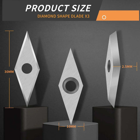 Diamond-shaped tungsten carbide lathe inserts, 30x10mm size, part of Premium Carbide Lathe Tool Inserts Set For Wood Turning.