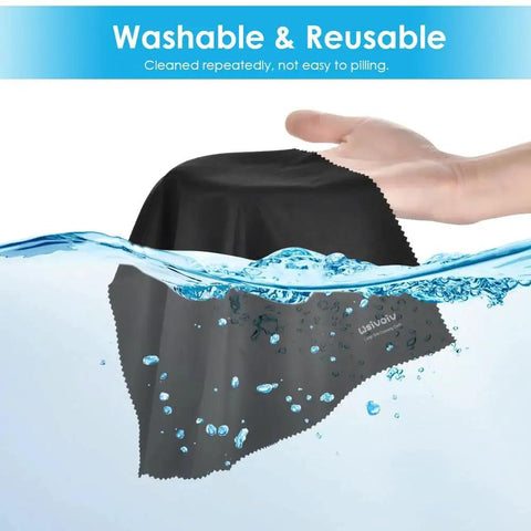 Hand dipping 6 Pack 12x12 Microfiber Cloths For Glasses And Screens Individually Wrapped in water to show washability.