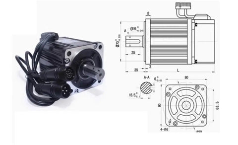 AC servo motor with brake, white housing; shaft extends forward, multi-pin cables attached, engineering blueprint diagrams beside