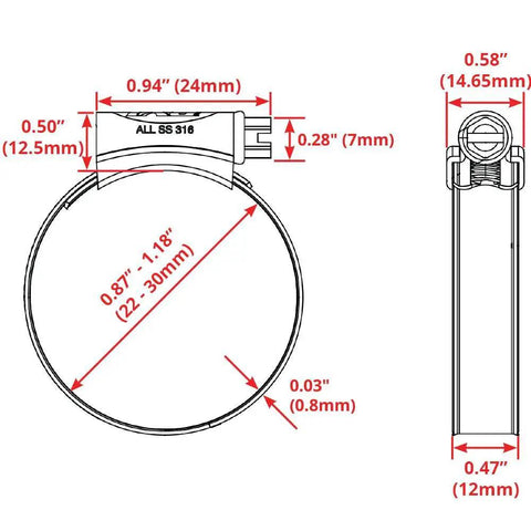Diagram of 316L Stainless Steel Worm Gear Hose Clamp Pack Of 10 0.87 To 1.18 Inches Non Perforated with measurements