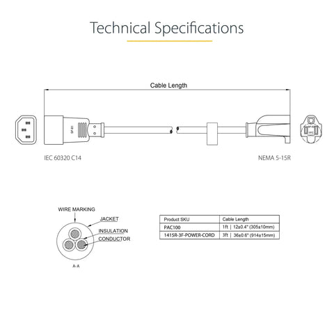 Technical diagram of Compact 1ft Computer Power Extension Cord From IEC 60320 C14 To NEMA 5 15R For PC Server or Home Office