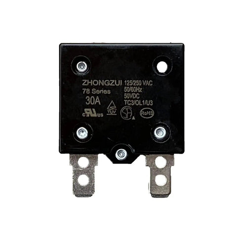 Front view of 30A Automatic Reset Circuit Breaker Thermal Switch For Kids Ride On Cars 125/250Vac 50Vdc Overload Protector