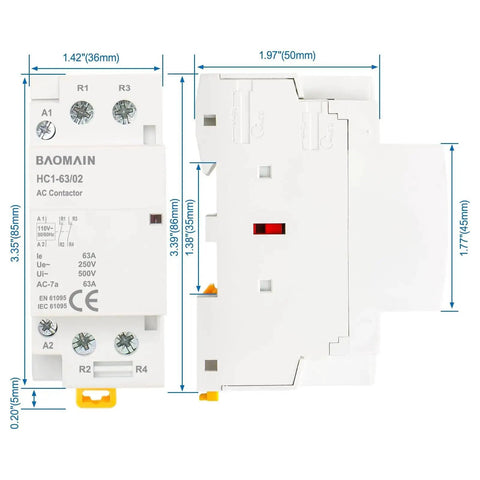 Workhorse 63 Amp Two Pole DIN Rail Mount Contactor With 110V AC Coil, 2NC Normally Closed dimensions front and side view