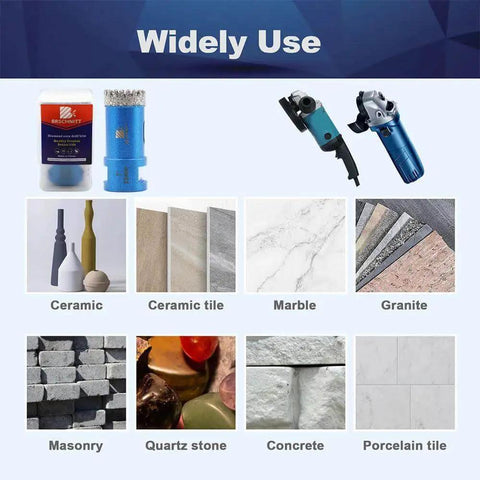 1-1/2 Inch Vacuum Brazed Diamond Core Hole Saw Drill Bit For Dry Drilling Through Porcelain Tile Ceramic Marble Granite And Concrete 38mm Core 10mm Diamond Height 60mm Total Length 5/8-11 Thread BRSCHNITT displayed with compatible materials like ceramic, marble, and granite.