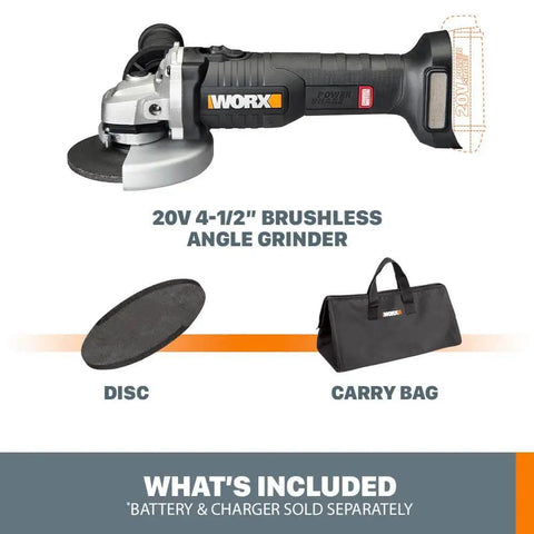 Cordless 4.5 Inch Angle Grinder With Brushless Motor, 20V Power Share, Tool Only, shown with disc and carry bag