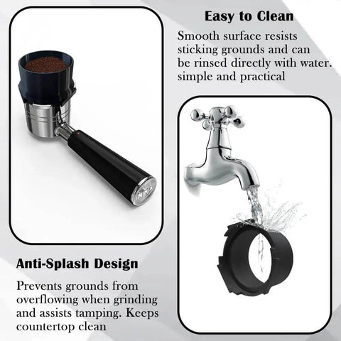 Portafilter Funnel For Ninja Luxe Espresso Machines Barista Grade Anti Splash Reusable Dosing Ring Replacement Coffee Funnel Compatible With ES501 ES601 ES655CO Luxe Series Home Cafe Dessert Shop Accessory shown on portafilter with water cleaning demonstration.