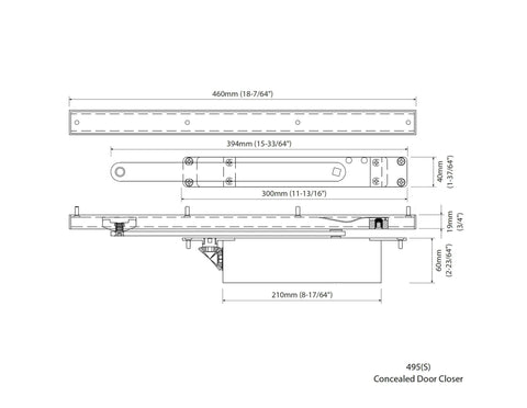 Technical diagram of Concealed Door Closer Up To 220 Lbs For Heavy Doors Built Tough Non Handed With Dual Speed Control And Hidden In Door Frame