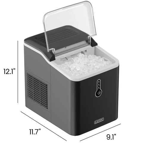 Front view of Iceman nugget ice maker on countertop with lid open and ice inside; ICEMAN logo visible.