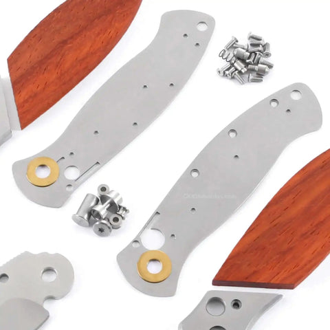 DDR3BL DIY Folding Knife Kit With Button Lock 440C Stainless Steel Blade 600 Grit Satin Finish Pre Machined Padauk Handle Scales Gift Boxed Parts Kit USA Design For Building Your Own EDC Knife components on white background