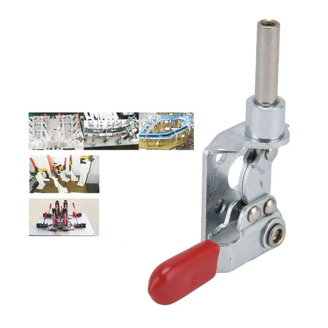 Close-up of push pull action toggle clamp with quick release for woodworking jigs and fixtures, metal body, red handle.