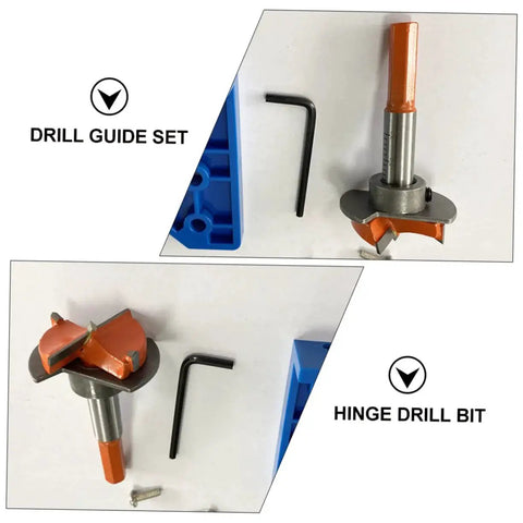 Hinge Boring Hole Drill Bit Positioner For Precise Woodworking And Furniture Cabinet Hinges Grab And Go Easy To Use Portable Lightweight Tool With Visible Alignment And Included Hole Puncher For Clean Concealed Installations showing drill guide set and hinge drill bit with L-wrench.