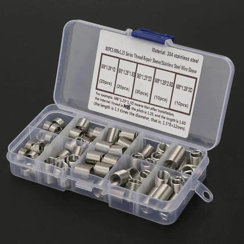 Stainless Steel Spiral Threaded Inserts Kit For M8x1.25 Helical Thread Insertion, 80 Piece Set in clear plastic case