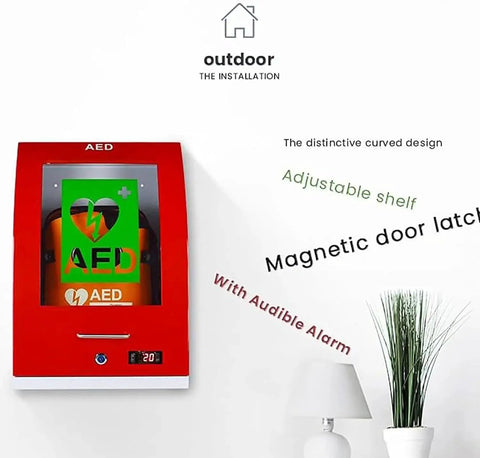 AED Defibrillator Storage Cabinet With Alarm And Key Lock Steel Wall Mount with adjustable shelf and curved design