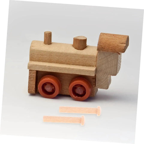 Wooden train model with 20 Piece Miniature Solid Wood Nails For Crafting And Woodworking T Shaped Round Pegs visible below