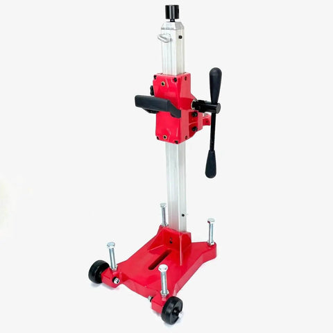 Heavy Duty Diamond Core Drill Bundle With Rolling Base Stand For Pros And 1 To 4 Inch Diamond Bit Set Dual Speed 2100 RPM And 950 RPM 110 Volt Concrete Coring BluRock Model 4Z1RB Package Deal, featuring red metal rolling base stand with handles.