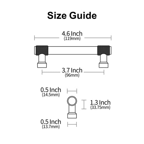 Size guide for Brushed Satin Nickel Cabinet Pulls Knurled Handles Set Of 10 For Cabinets And Drawers Three And Three Quarters Inch Hole Centers Sleek Durable Kitchen And Furniture Hardware AL3017SN showing dimensions