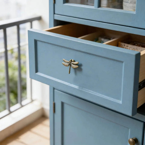 Dragonfly Drawer Knobs Set 6 Pieces in Ancient Gold on blue dresser, zinc alloy hardware with realistic wing detail, installed view.