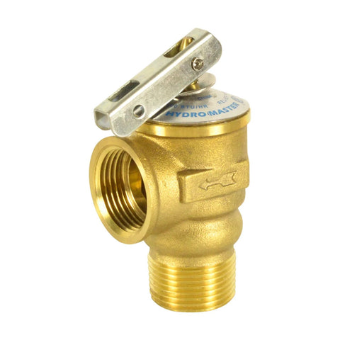 HYDRO MASTER brass safety relief valve, 3/4 in NPT thread, 150 PSI, for hot water systems; side inlet and top lever.