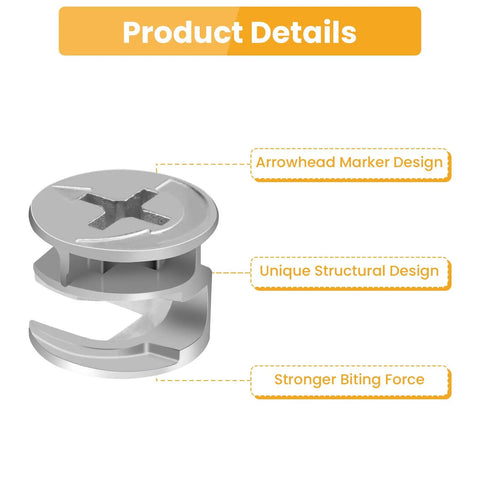 Cam Lock Fasteners Set For Cabinets And Wardrobes, 40 Pcs 15mm By 11mm Zinc Alloy Nickel Plated Cam Lock Nuts, arrowhead marker design