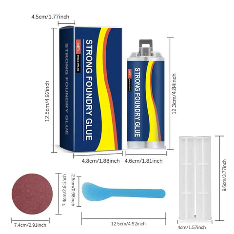 Two Pack Strong Foundry Glue For Metal Heavy Duty Repair Adhesive For Castings And Machinery Parts Bonds Steel Aluminum Plastic Ceramic And Wood Works On Oily Surfaces And Pinholes In Cast Iron Gearboxes Structural Parts Industrial Strength Workhorse with packaging and dimensions.