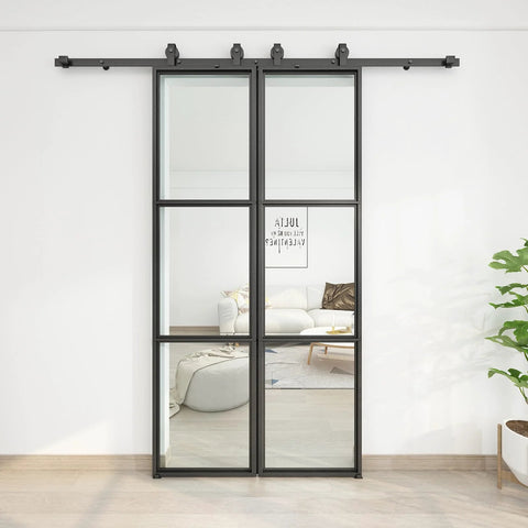 Double Sliding Barn Door Set 42 By 84 Inch With 7 Foot Hardware Kit And Soft Close Mechanism Includes Two 21 Inch By 84 Inch Three Pane Clear Glass Panels Carbon Steel Frame No Brainer Install installed