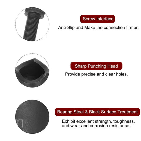 Durable 15.2mm Hole Punch Kit showcasing screw interface, sharp punching head, and bearing steel black finish for metal sheets.