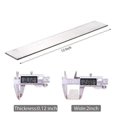 304 Stainless Steel Flat Bar 12 Inch By 2 Inch By 0.12 Inch HYGMPDAS with digital caliper measurements