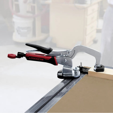 Side view of Universal T-Track Clamping System for Woodworking with Non Marring Base, installed on a workbench