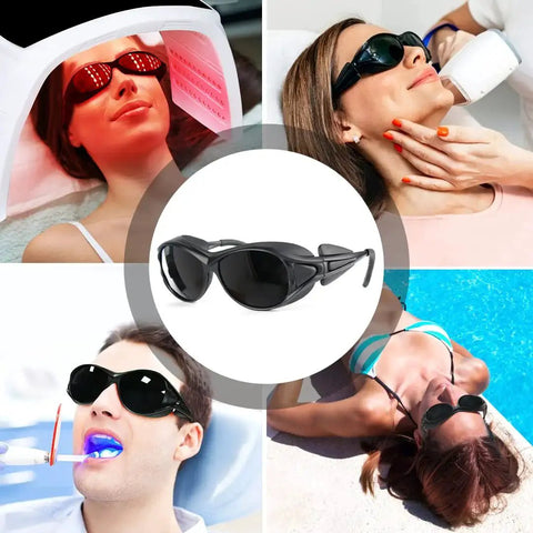 Collage showing Red Light Therapy Glasses Eye Protection 200 To 2000nm for tanning and IPL safety in various settings