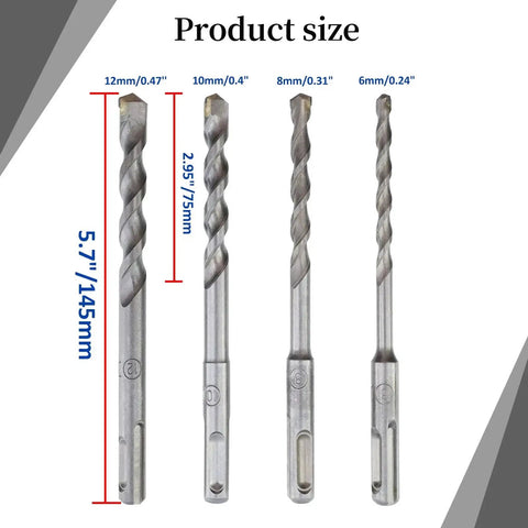 Heavy Duty Pro Grade SDS Plus Rotary Hammer Bit Set For Concrete And Masonry With Carbide Tips Diameters 6mm 8mm 10mm And 12mm 4 Piece Pack By Rannb For SDS Plus Drills Built For Cement Stone Brick Walls And Masonry Projects
