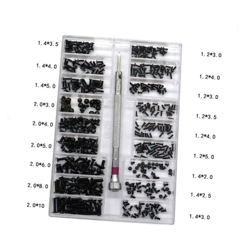 Two Piece Miniature Screw Set With Countersunk Round Screws in carbon steel, organized in a transparent box for electronics and small devices