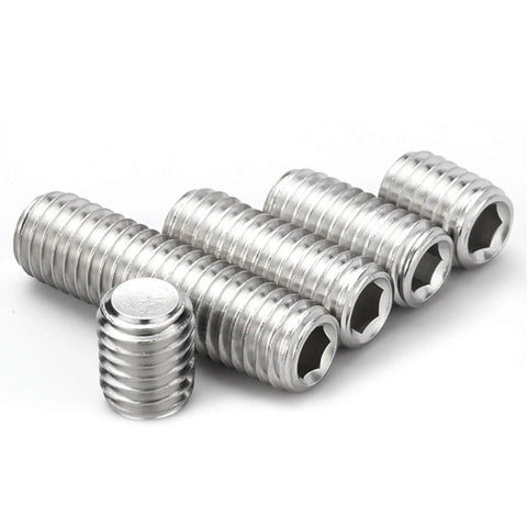 Set Screws 1/4-20 Inch, 304 Stainless Steel 18-8 Cup Point, Internal Hex Drive Allen Screws, 50 Pack, shown close-up