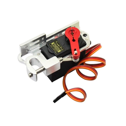 Powerday 995 servo airdrop throwing device with release switch for RC multicopter; red lever arm, orange wires
