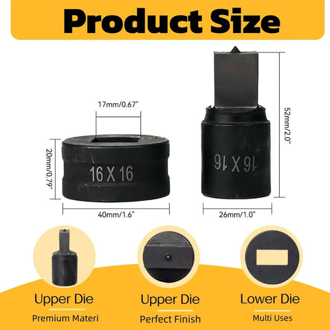Rectangle Die For CH-70 Hydraulic Press Heavy Duty Metal Punch Die 15x20mm, product size details in yellow background