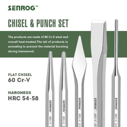 12 Piece Punch And Chisel Set With Carrying Case For Metalworking Including Flat Chisels Center Punches Pin Punches And Conical Punch