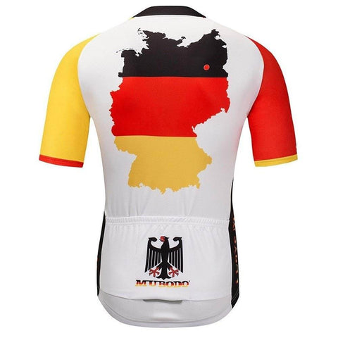 Cycling jersey with German flag design on the back, featuring black, red, and yellow map and sleeves, with eagle emblem on lower back.