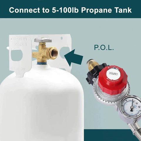 High Flow Propane Regulator With 12ft Braided Hose And Gauge for fire pit connection to propane tank.