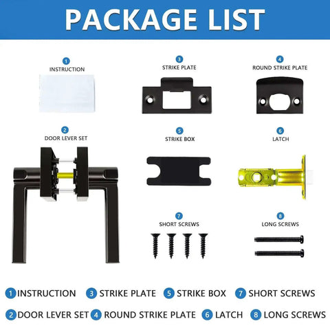 Package contents of 8 Pack Black Heavy Duty Passage Door Levers For Closets Hallways And Conference Rooms Non Locking Square Interior Door Handles