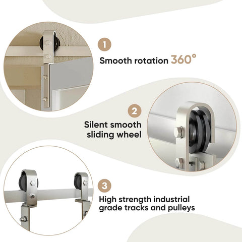 Sliding hardware kit with high strength industrial grade tracks and pulleys for Frosted Glass Bifold Closet Doors 30 Inch Wide By 84 Inch Tall With 3 Lite Panels Brushed Nickel.
