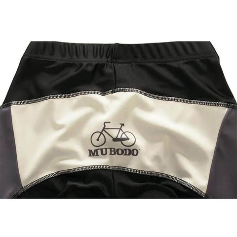 Close-up of Mubodo branded cycling shorts with bicycle logo on the back.