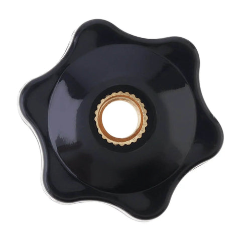 Front view of a black plastic star knob with a brass insert, from the Must Have Ten Pack Six Star Knobs With One Quarter Inch Twenty Female Threads Hex Head Through Knobs For Clamping Jigs And T Track Bolts Star Shape Hand Knobs For Lathe Milling Machines Workshop Equipment And Mechanical Projects.