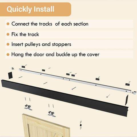 Installation steps for 8 Foot Sliding Barn Door Hardware Kit With Low Clearance Aluminum Box Rail For Wooden Interior Barn Doors Quiet Slick Sliding Track Easy To Install Black